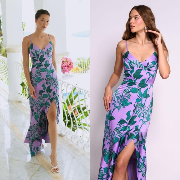 NWT Hutch Anthropologie Angel Ruffle Satin Bird Leaf Print Maxi Dress